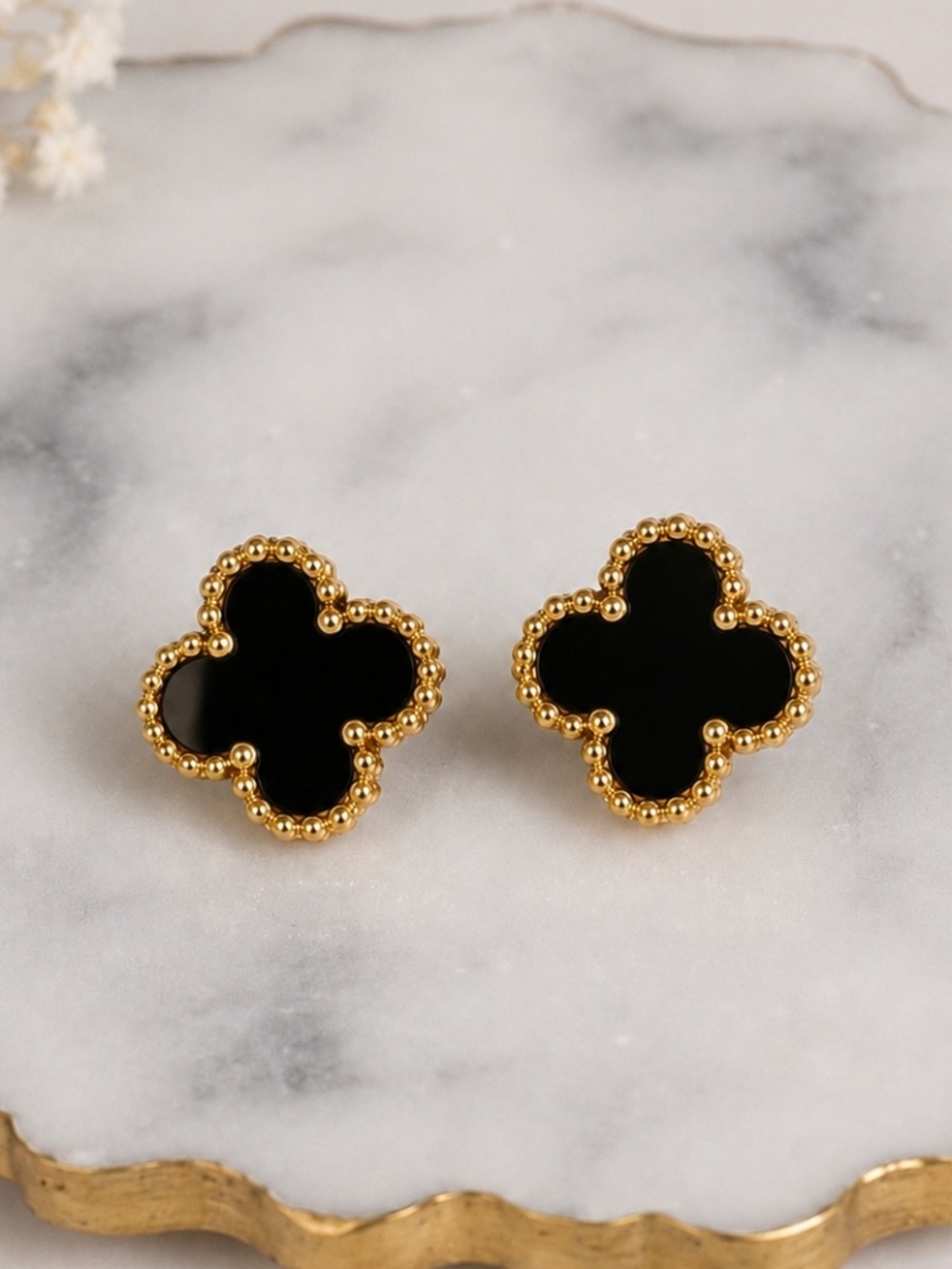 Black Clover Stainless Steel Stud Earrings Gold Tone Boutique Jewelry